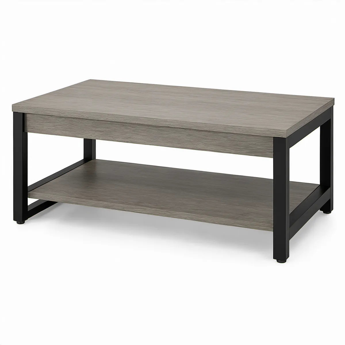 Mesa de centro retangular 100 x 50 x 45 cm em MDF laminado cinzento com estrutura em aço preto e prateleira