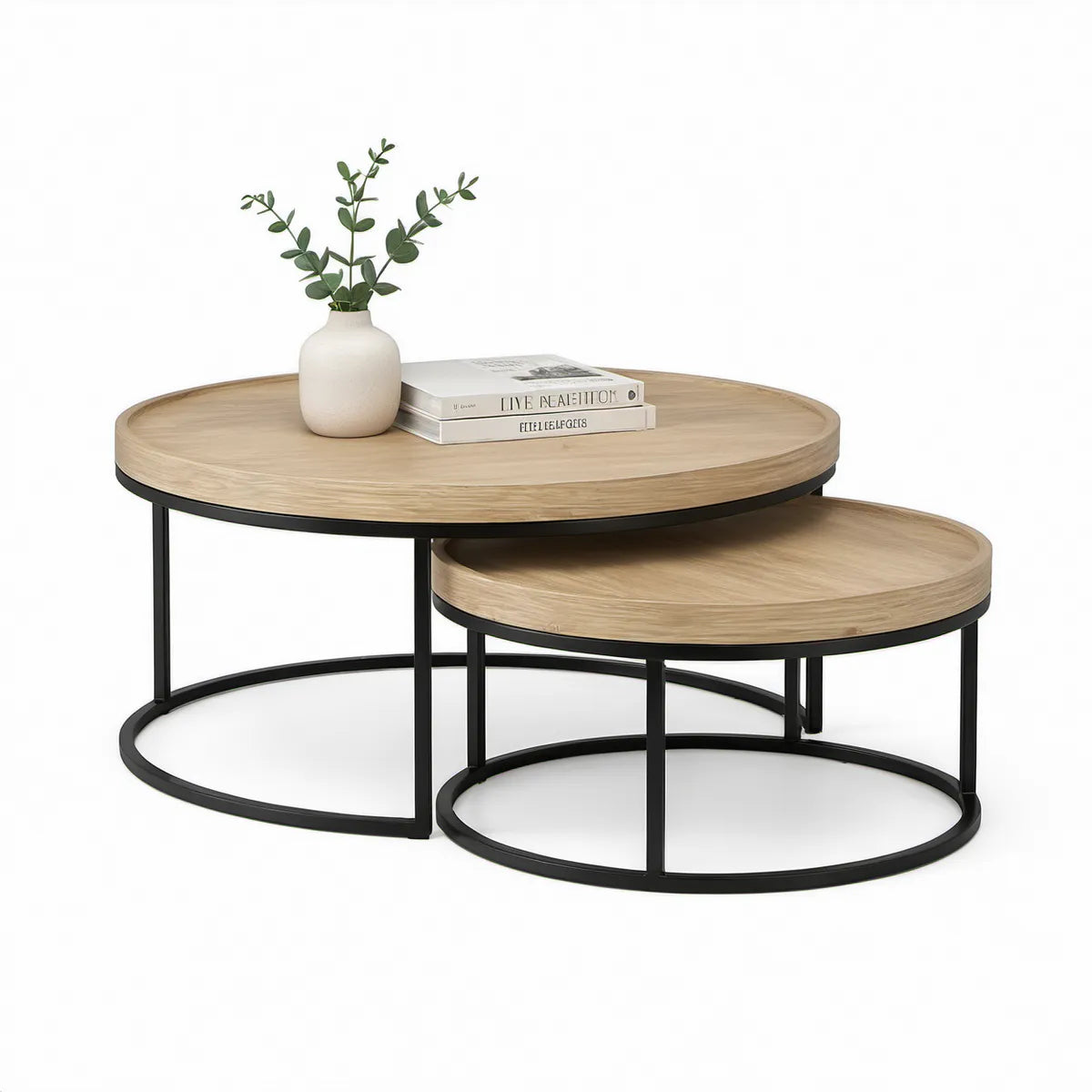 Conjunto de 2 Mesas de Centro Redondas em Carvalho Natural e Preto, Ø80 x 45 cm e Ø60 x 35 cm