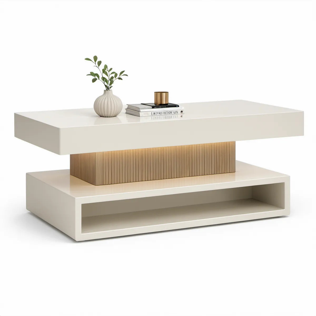 Mesa de Centro Retangular em MDF Lacado Branco e Dourado, 100 x 60 x 40 cm