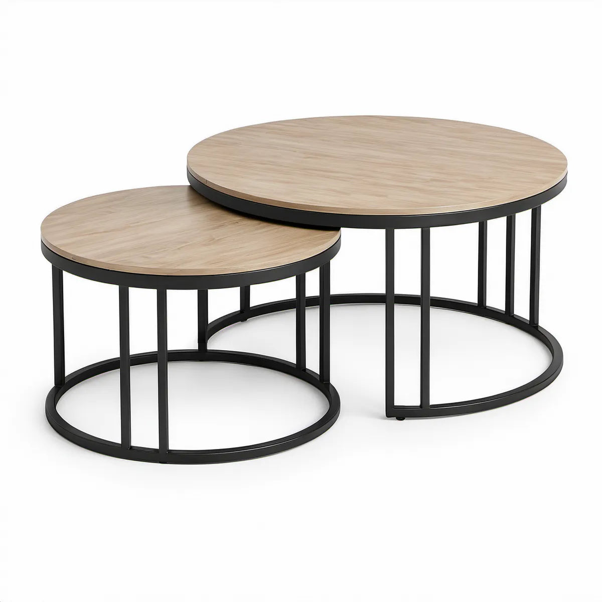 Conjunto de 2 Mesas Redondas em MDF Melamínico Carvalho Claro e Aço Preto, 80 x 45 cm e 60 x 35 cm