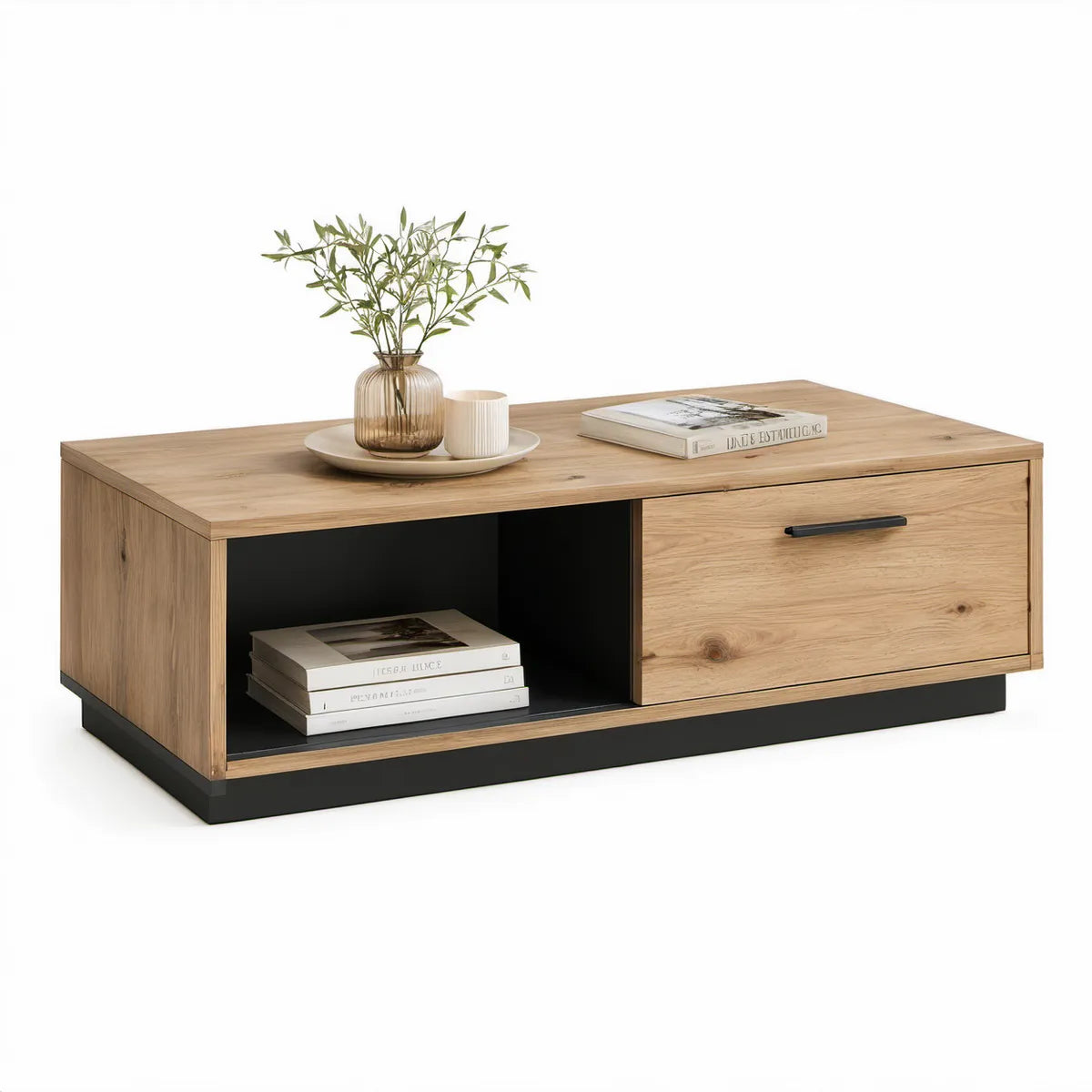Mesa de centro retangular em MDF efeito carvalho e preto com gaveta, 120 x 60 x 45 cm