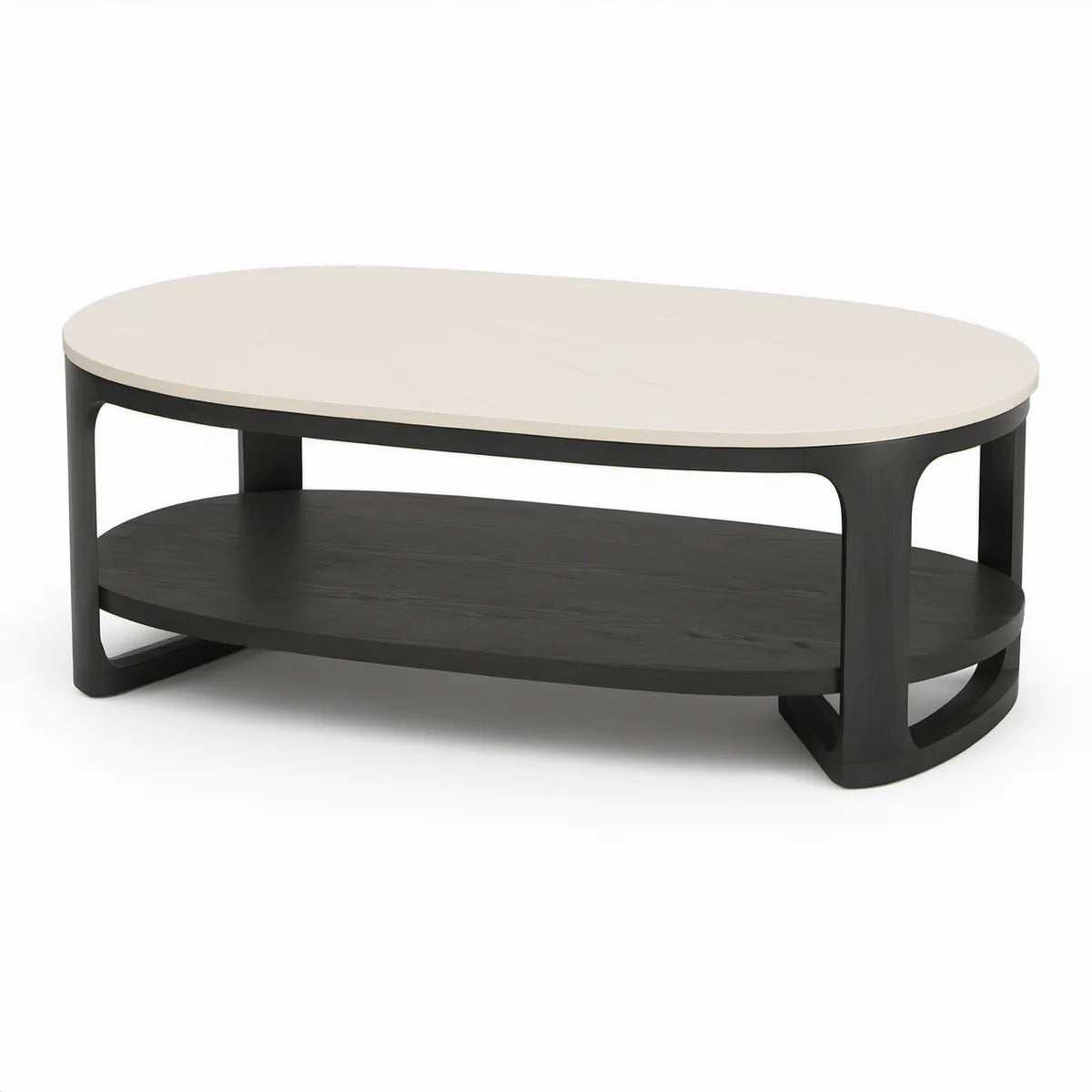 Mesa de Centro Oval com Prateleira em MDF Branco e Preto, 120 x 60 x 45 cm