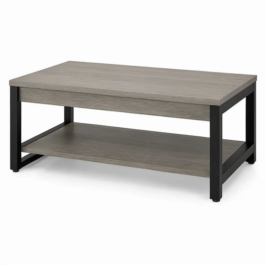 Mesa de centro retangular 100 x 50 x 45 cm em MDF laminado cinzento com estrutura em aço preto e prateleira