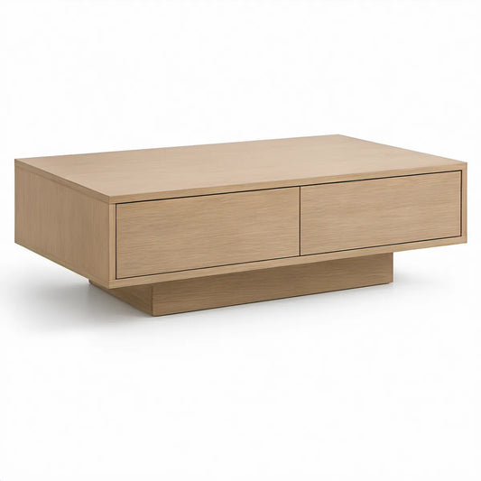 Mesa de centro retangular com 2 gavetas em MDF folheado a carvalho natural, 120 x 60 x 35 cm