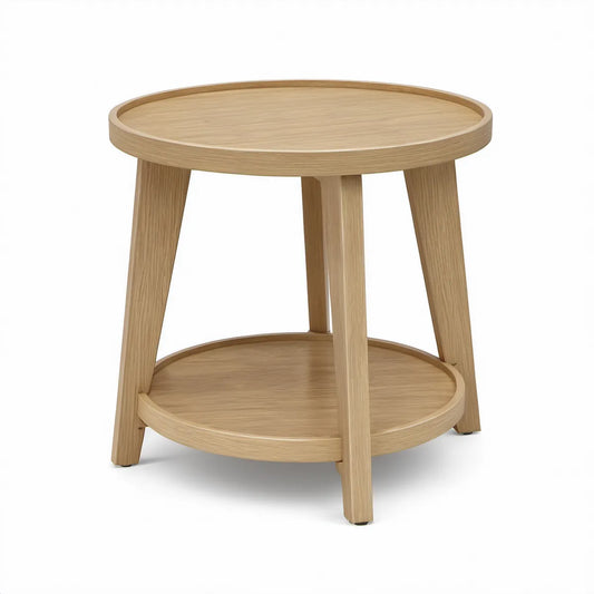 Mesa de Apoio Redonda em Carvalho Natural com Prateleira Inferior, Ø 50 x 55 cm