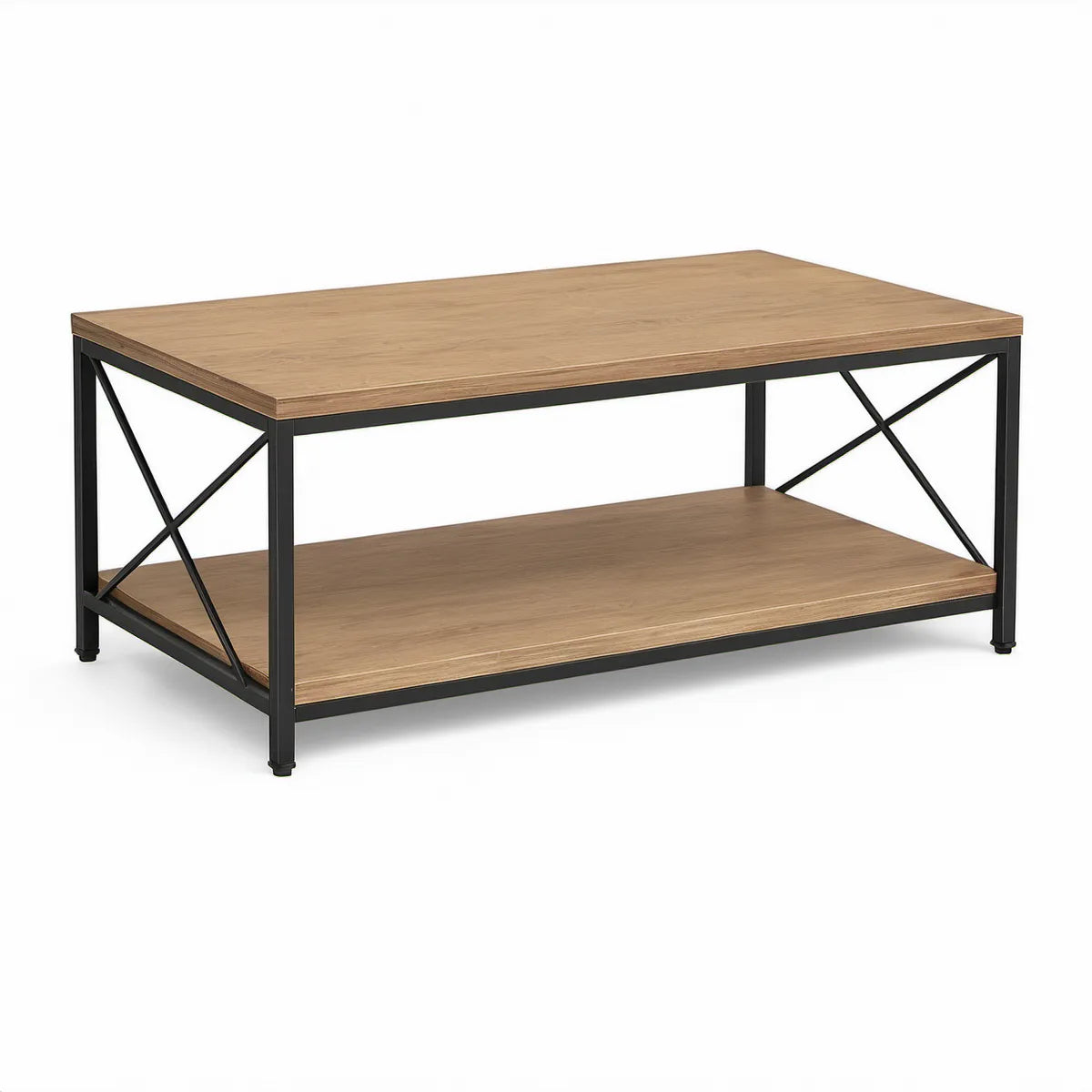 Mesa de Centro Retangular com Prateleira em MDF Castanho e Aço Preto, 100 x 50 x 45 cm
