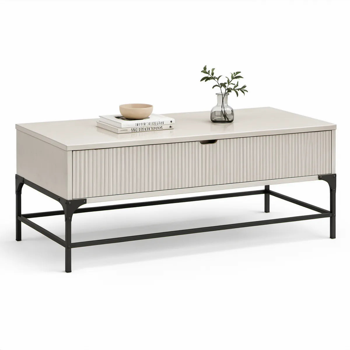 Mesa de centro retangular com gaveta em MDF branco e estrutura de aço preto, 100 x 50 x 45 cm