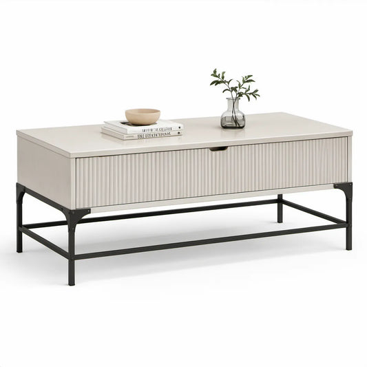 Mesa de centro retangular com gaveta em MDF branco e estrutura de aço preto, 100 x 50 x 45 cm