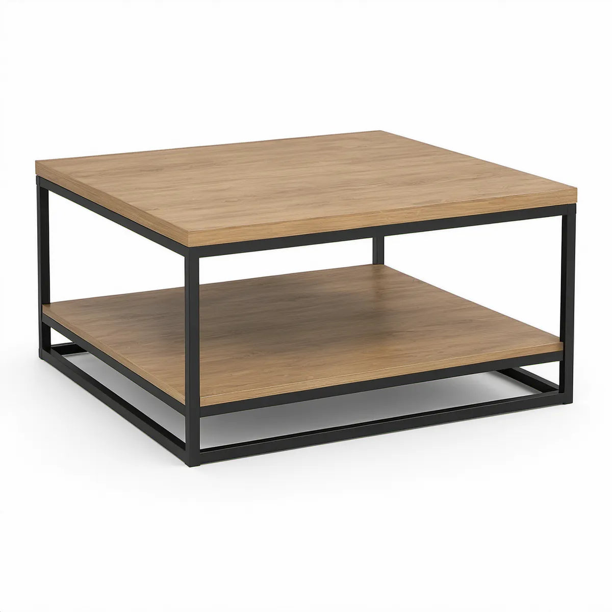 Mesa de centro quadrada 80 x 80 x 45 cm com prateleira em carvalho claro e preto