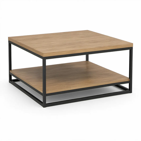 Mesa de centro quadrada 80 x 80 x 45 cm com prateleira em carvalho claro e preto