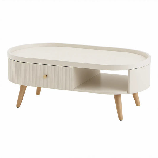 Mesa de centro oval com gaveta e nicho em MDF lacado creme e madeira maciça de seringueira, 110 x 60 x 45 cm
