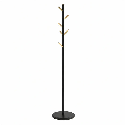 Cabide de Pé com 6 Ganchos em Aço ao Carbono e Bambu, Preto e Natural, 175 x 35 cm