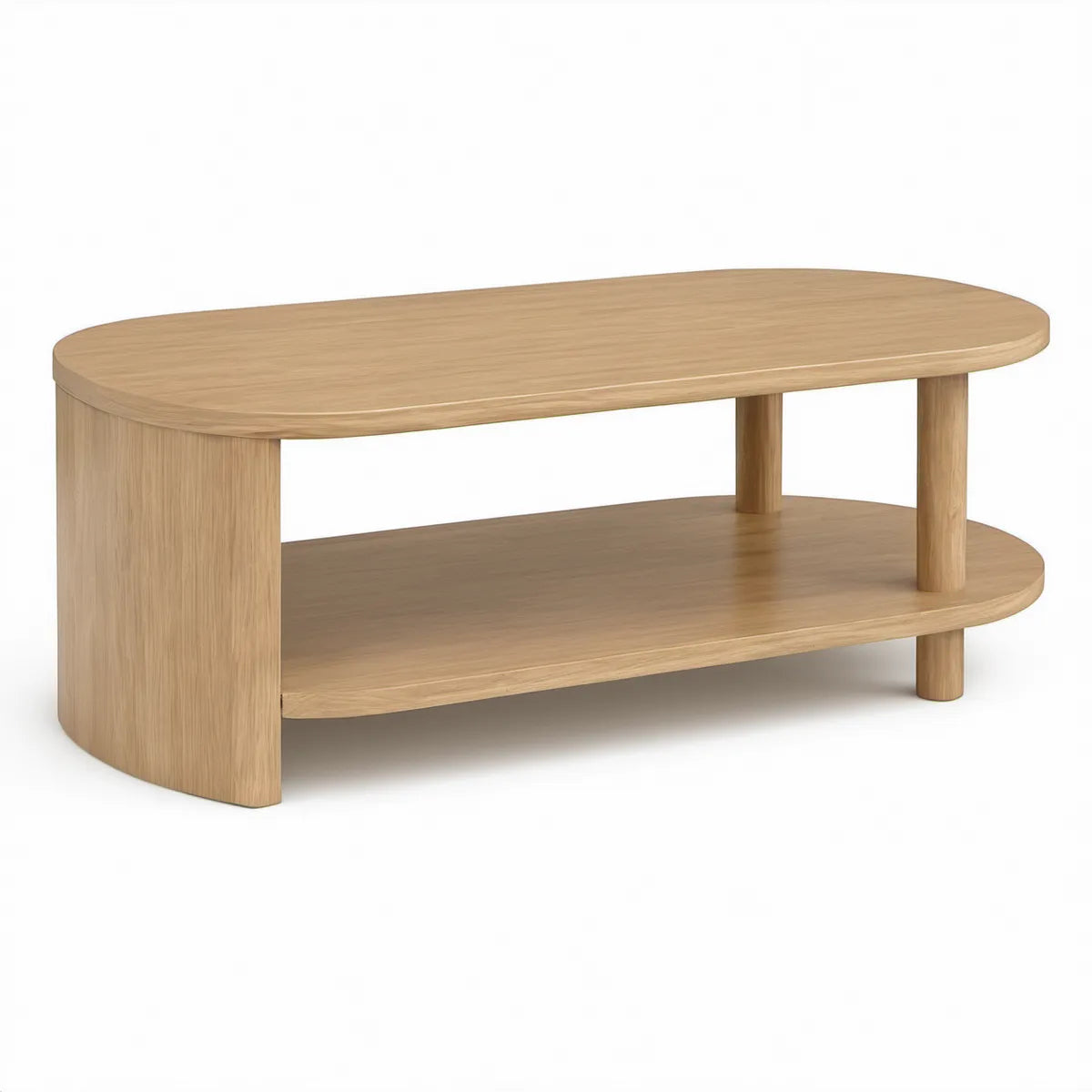 Mesa de centro oval em MDF folheado a carvalho natural com prateleira, 110 x 55 x 45 cm