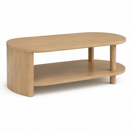 Mesa de centro oval em MDF folheado a carvalho natural com prateleira, 110 x 55 x 45 cm