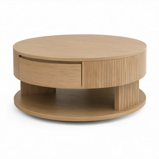 Mesa de centro redonda em MDF efeito carvalho com gaveta e prateleira, Ø 80 x 40 cm