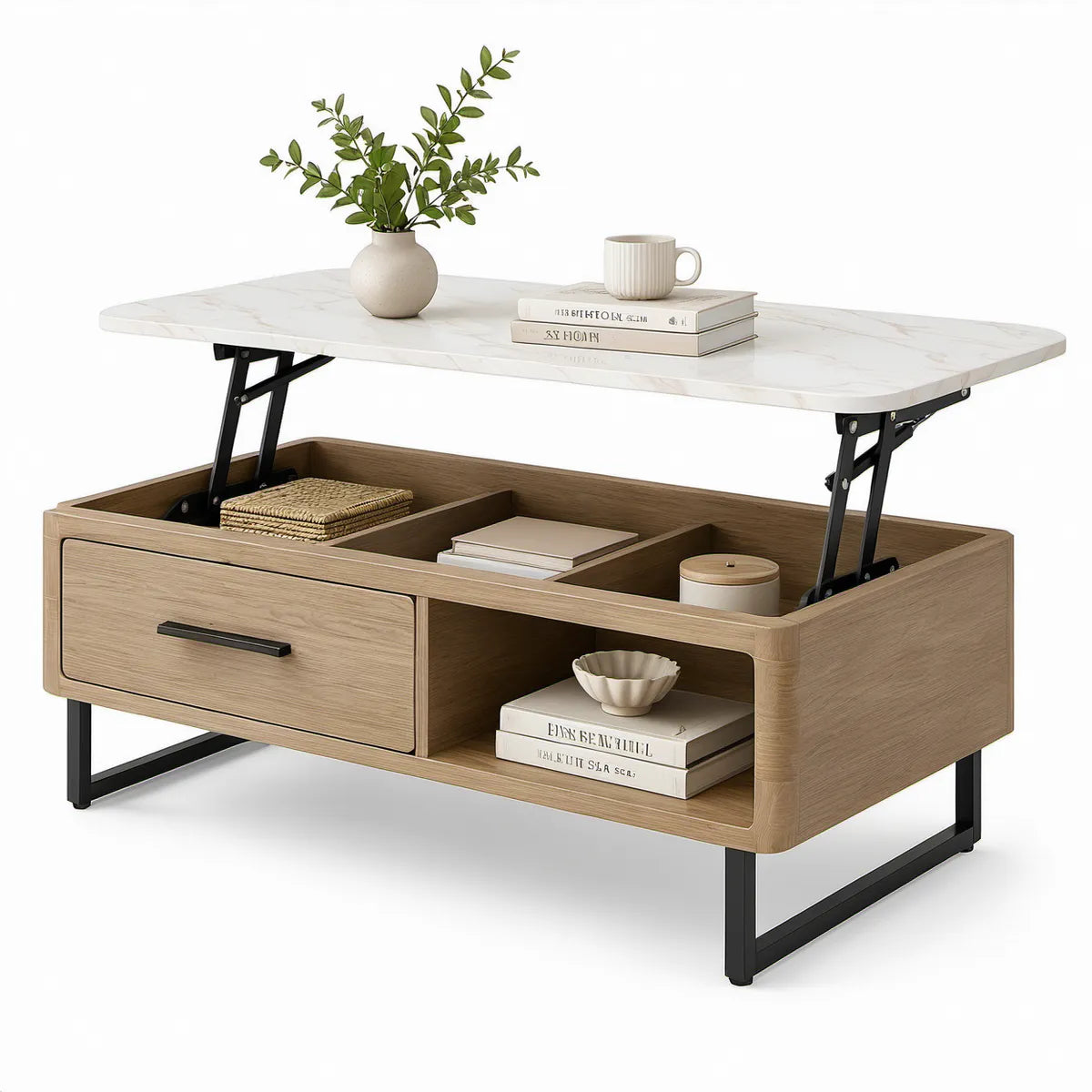 Mesa de Centro Elevatória Retangular em Carvalho Claro com Tampo Efeito Mármore Branco, 100 x 50 x 45 cm