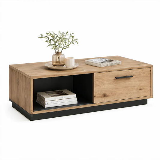 Mesa de centro retangular em MDF efeito carvalho e preto com gaveta, 120 x 60 x 45 cm