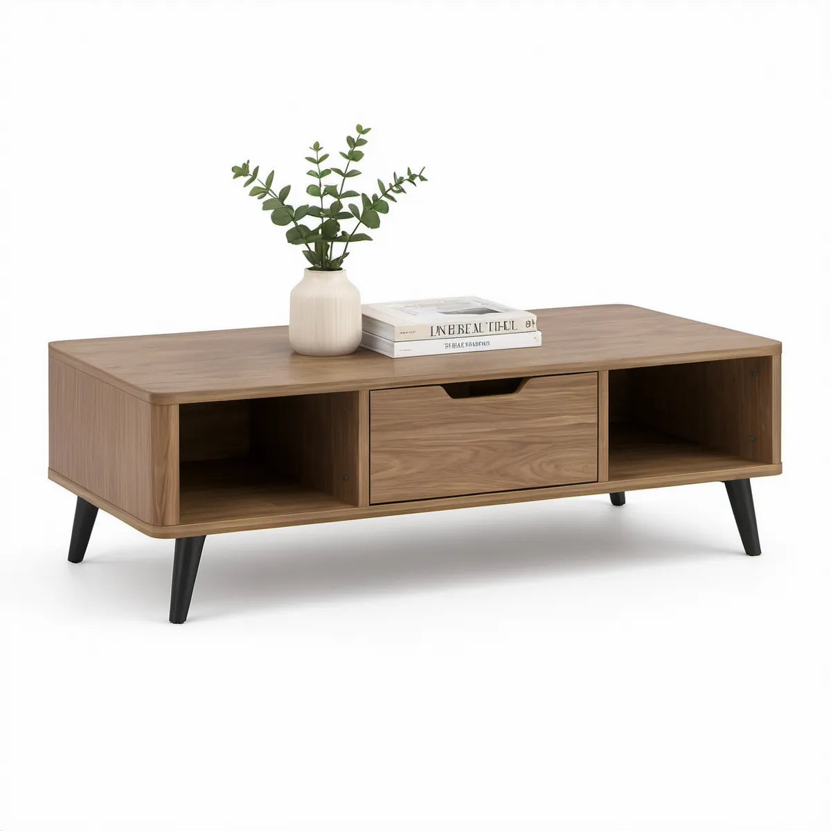 Mesa de Centro Rectangular em MDF Nogueira e Preto com Gaveta e Prateleiras, 120 x 60 x 45 cm