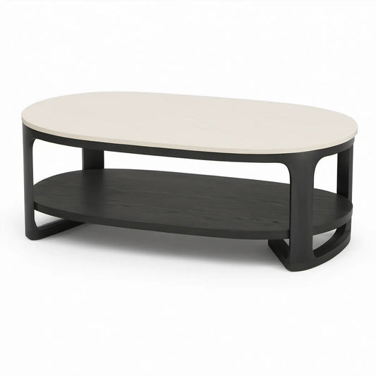 Mesa de Centro Oval com Prateleira em MDF Branco e Preto, 120 x 60 x 45 cm