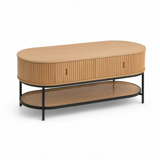 Mesa de centro oval com arrumação, carvalho claro, preto e castanho natural, 120 x 60 x 45 cm