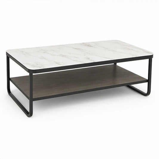 Mesa de centro retangular 100 x 60 x 45 cm com tampo efeito mármore branco, prateleira cinzento-escuro e estrutura preta