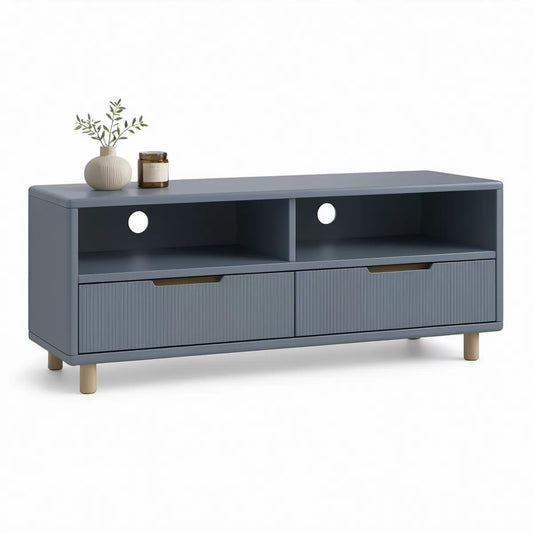 Móvel de TV em MDF Cinzento-Azulado e Bege com 2 Portas e 2 Nichos, 140 x 40 x 60 cm