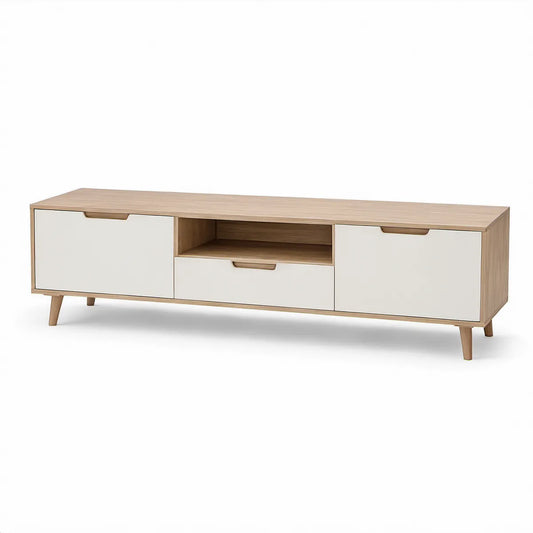 Móvel de TV com 2 Portas, 1 Gaveta e Nicho Central em Carvalho Claro e Branco, 180 x 40 x 50 cm