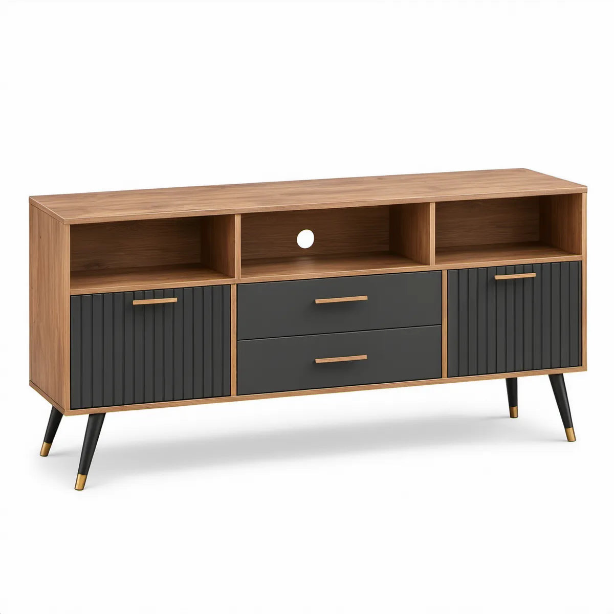Móvel de TV 160 x 40 x 75 cm em MDF Nogueira, Preto e Dourado com 2 Portas, 2 Gavetas e 3 Nichos