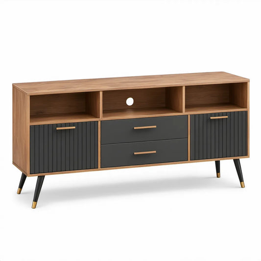Móvel de TV 160 x 40 x 75 cm em MDF Nogueira, Preto e Dourado com 2 Portas, 2 Gavetas e 3 Nichos