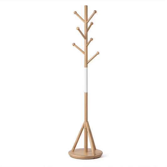 Cabide de Pé com 7 Ganchos em Faia Natural e Branco, 175 x 40 cm